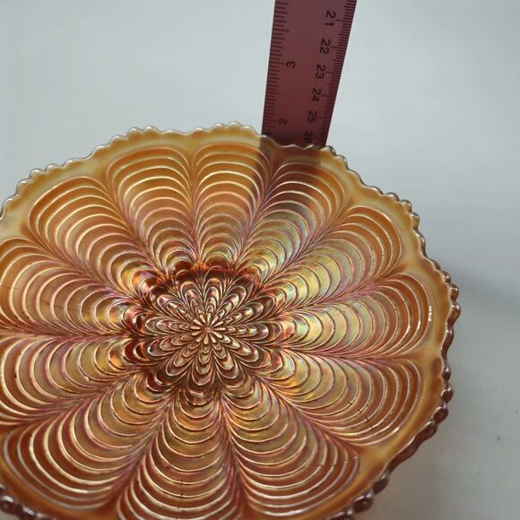 Vintage Fenton Marigold Carnival Iridescent Peacock Tail Scalloped 6.5” Bowl - Picture 6 of 6